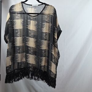 AnM Womens Sheer Top Geometric Pattern Oversized Fringe